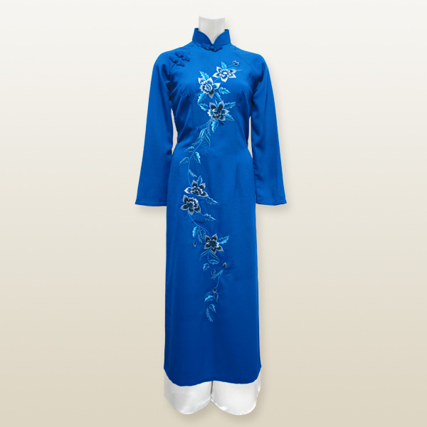 花刺繍アオザイ※上着のみ XLサイズ 13号 ブルー