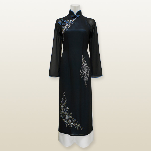 ラメ付オリエンタルアオザイ※上着のみ Mサイズ 9号 スカイブルー×ブラック