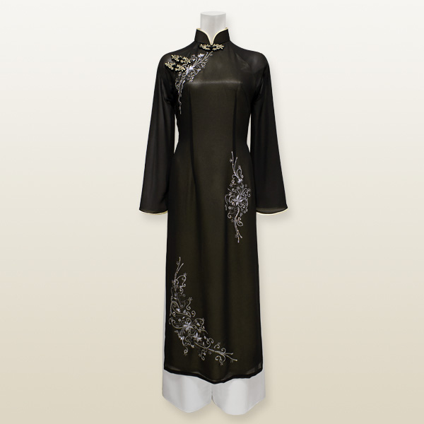 ラメ付オリエンタルアオザイ※上着のみ Mサイズ 9号 クリーム×ブラック